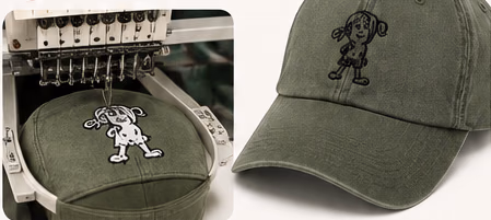 Bordadora industrial cosiendo'l diseñu de La Vieya nuna gorra verde